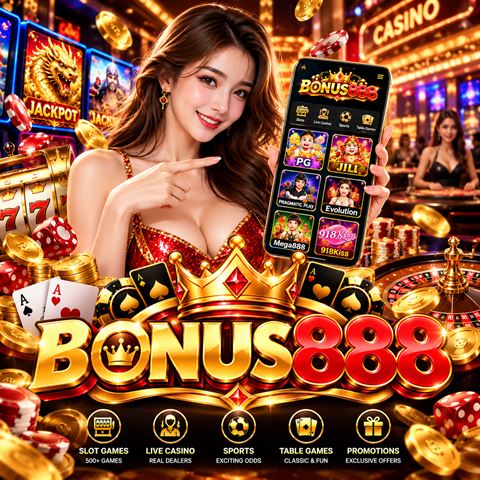 Bonus888 banner with the Bonus888 logo and a phone showing the game lobby with slots, live casino, sports and table game categories